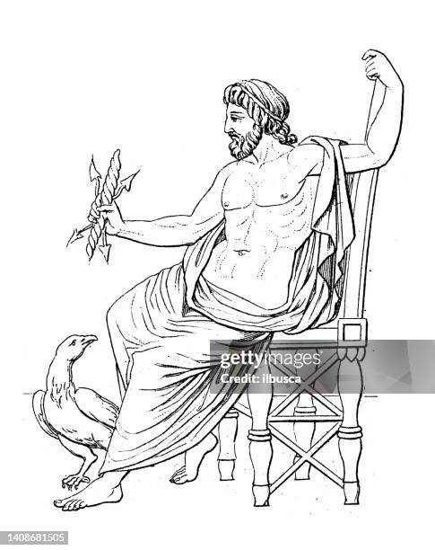 antique engraving illustration, civilization: greek and roman deities and mythology, zeus (jupiter) - zeus stock illustrations