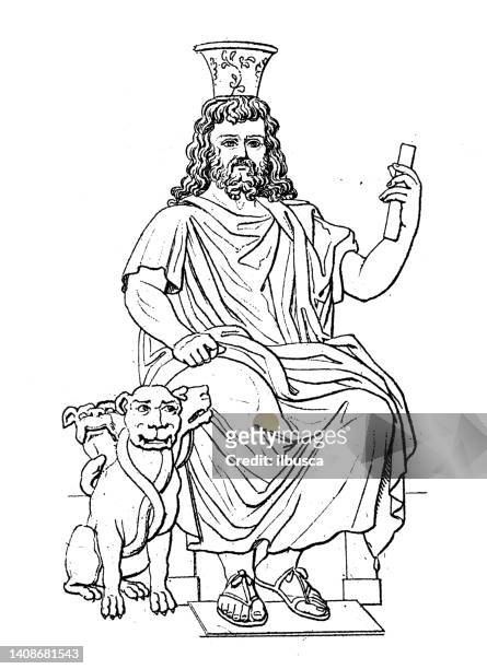 antique engraving illustration, civilization: greek and roman deities and mythology, hades (pluto) - pluto dwarf planet stock illustrations