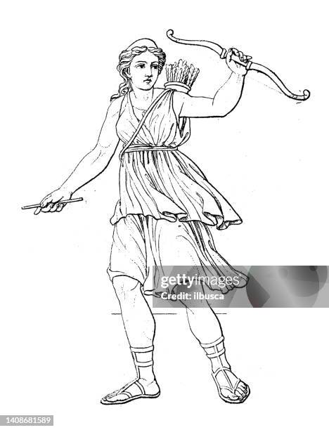 antique engraving illustration, civilization: greek and roman deities and mythology, artemis (diana) - artemis greek god stock illustrations