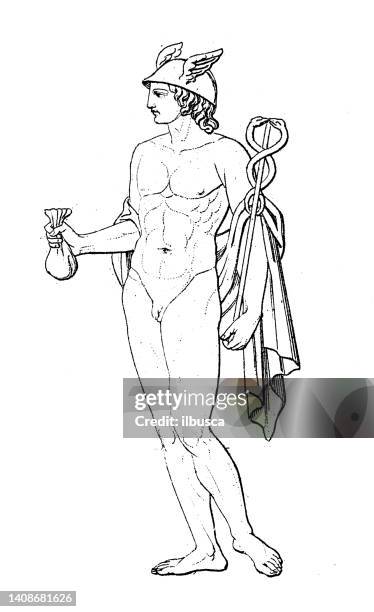 antique engraving illustration, civilization: greek and roman deities and mythology, hermes (mercury) - mercury god stock illustrations