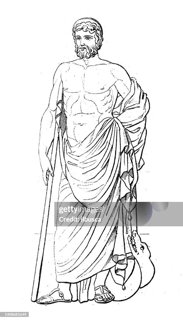 Antique engraving illustration, Civilization: Greek and Roman deities and mythology, Asclepius