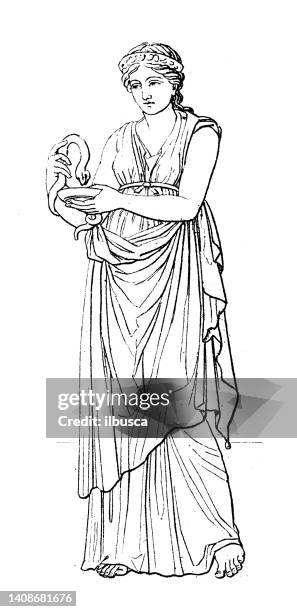 stockillustraties, clipart, cartoons en iconen met antique engraving illustration, civilization: greek and roman deities and mythology, hygieia (salus) - greek islands