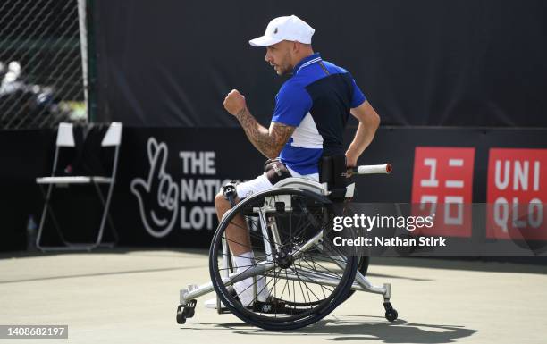 Andy Lapthorne of Great Britain reacts as he plays with David Wagner of United States in the mens doubles during day three of the British Open...