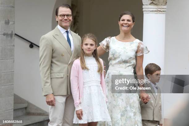 Prince Daniel of Sweden, Princess Estelle of Sweden, Crown Princess Victoria of Sweden and Prince Oscar of Sweden pose in the garden of the family...