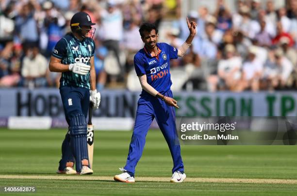 Yuzvendra Chahal of India celebrates taking the wicket of Moeen Ali of England during the 2nd Royal London Series One Day International between...