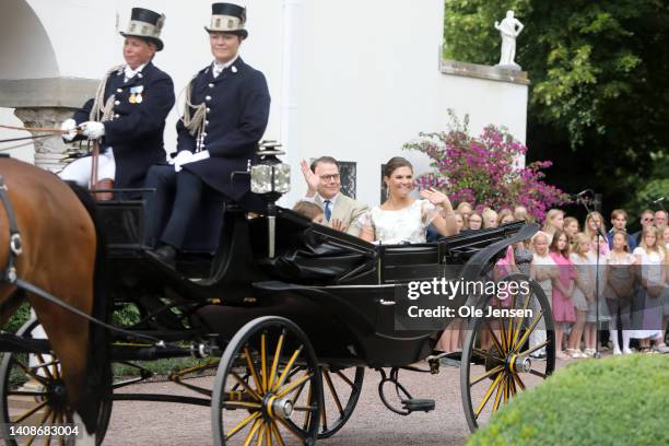 Prince Daniel of Sweden and Crown Princess Victoria of Sweden leave for a procession through the town in a horse carriage to celebrate Crown Princess...