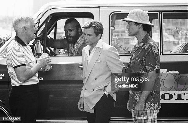 Bullets and Bikinis" Episode 1 -- Aired 9/18/84 -- Pictured: George Peppard as Col. John "Hannibal" Smith, Mr. T as Sgt. Bosco "B.A." Baracus, Dirk...