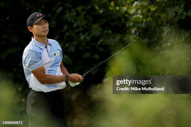 Whee Kim of South Korea hits his tee shot on the eighth hole during the first round of the Memorial Health Championship presented by LRS at Panther...