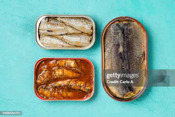 assorted sardines in a can - estaño fotografías e imágenes de stock