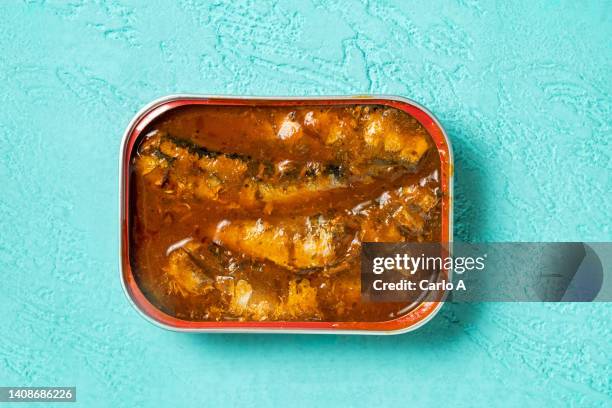 sardines in tomato sauce in a can - sardine can fotografías e imágenes de stock