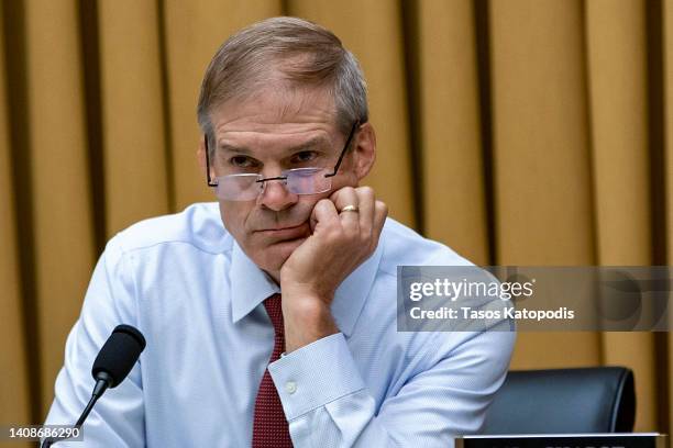 Ranking member Rep. Jim Jordan R-Ohio during a hearing of the House Judiciary Committee on Capitol Hill on July 14, 2022 in Washington, DC. The...