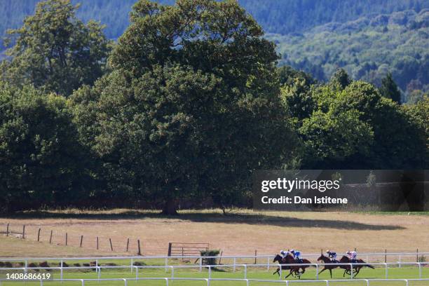 The runners and riders race in The Join Vickers.bet Free Bet Club Handicap Handicap Stakes at Chepstow Racecourse on July 14, 2022 in Chepstow, Wales.