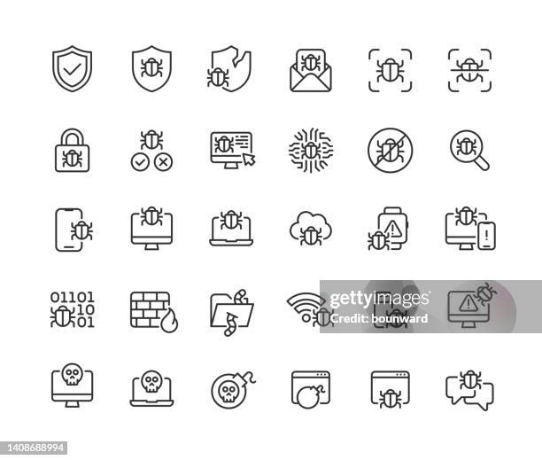 stockillustraties, clipart, cartoons en iconen met computer virus line icons editable stroke - computerbug