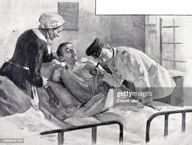 doctor examines a sick soldier - patient history stock illustrations