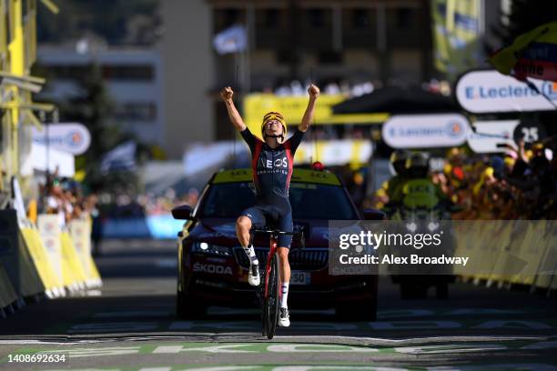 Thomas Pidcock of United Kingdom and Team INEOS Grenadiers celebrates winning during the 109th Tour de France 2022, Stage 12 a 165,1km stage from...