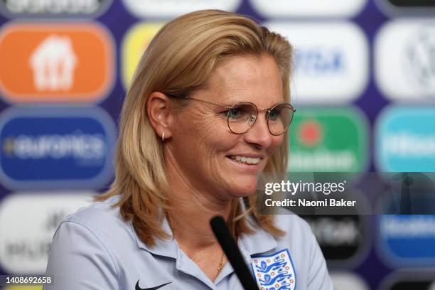 Sarina Wiegman, Manager of England speaks to the media during the UEFA Women's Euro 2022 England Press Conference at St Mary's Football Stadium on...