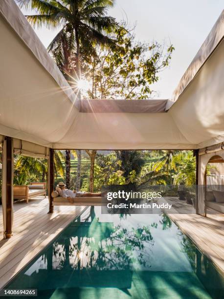 asia, indonesia, bali, young man relaxing on swing bed, suspended over salt water pool at eco friendly, tented luxury glamping resort. - bali luxury stock pictures, royalty-free photos & images