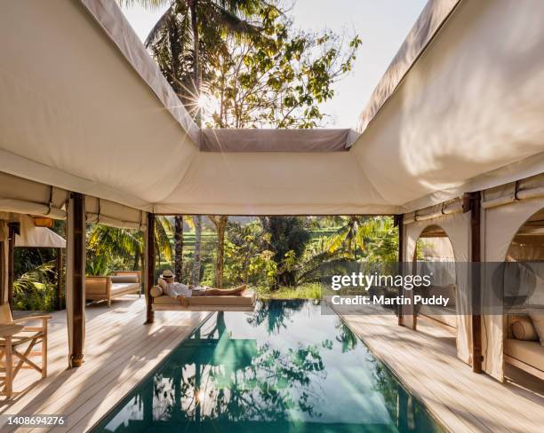 asia, indonesia, bali, young man relaxing on swing bed, suspended over salt water pool at eco friendly, tented luxury glamping resort. - bali luxury bildbanksfoton och bilder