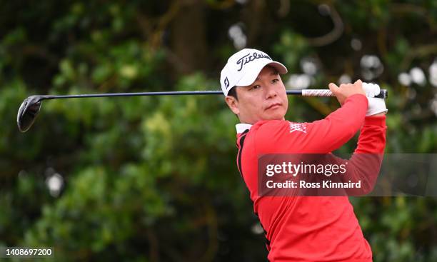 Mingyu Cho of South Korea tees off the 3rd hole during Day One of The 150th Open at St Andrews Old Course on July 14, 2022 in St Andrews, Scotland.