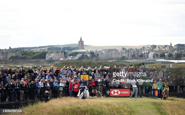 Cameron Young of the United States tees off on the sixth hole during Day One of The 150th Open at St Andrews Old Course on July 14, 2022 in St...