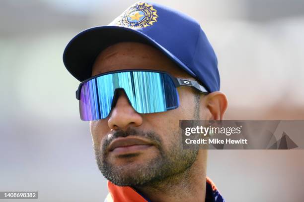 Shikhar Dhawan of India looks on during the 2nd Royal London Series One Day International between England and India at Lord's Cricket Ground on July...