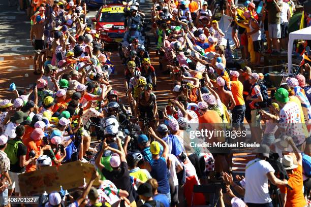 General view of Sepp Kuss of United States, Jonas Vingegaard Rasmussen of Denmark Yellow Leader Jersey, Tadej Pogacar of Slovenia and UAE Team...