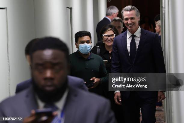 California Gov. Gavin Newsom walks through a hallway at the U.S. Capitol on July 14, 2022 in Washington, DC. Governor Newsom is in Washington to...