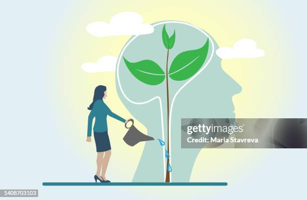 ilustraciones, imágenes clip art, dibujos animados e iconos de stock de concepto de mentalidad.riego de plantas con un concepto de mentalidad de gran crecimiento cerebral. - crecer