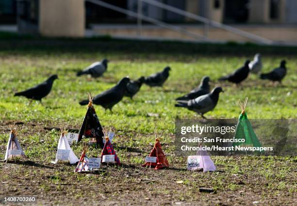 Symbolic miniature teepees are arranged on the grass at Frank Ogawa Plaza while Occupy Oakland organizers gather at Frank Ogawa Plaza in Oakland,...