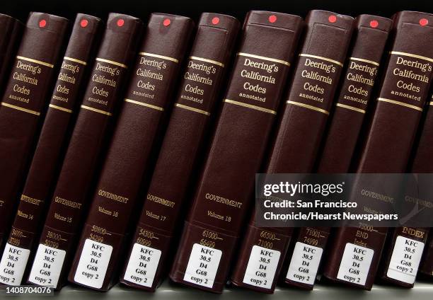 Legal texts are shelved in the libary at the UC Berkeley School of Law on Tuesday, Feb. 21 which is celebrating its centennial this year.
