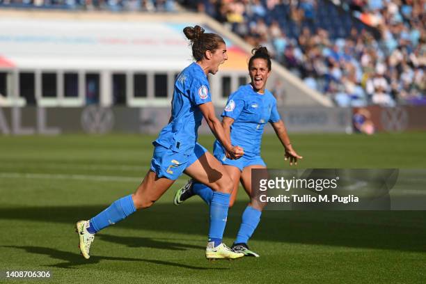 Valentina Bergamaschi celebrates with Flaminia Simonetti of Italy after scoring their team's first goal during the UEFA Women's Euro 2022 group D...