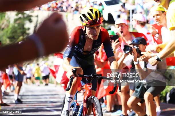 Thomas Pidcock of United Kingdom and Team INEOS Grenadiers competes passing through The Dutch corner climbing to the L'Alpe d'Huez during the 109th...