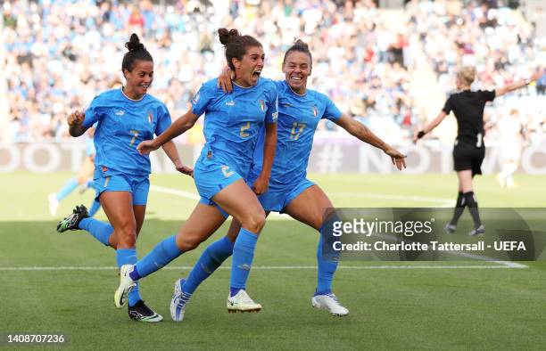 Valentina Bergamaschi celebrates with Flaminia Simonetti and Lisa Boattin of Italy after scoring their team's first goal during the UEFA Women's Euro...