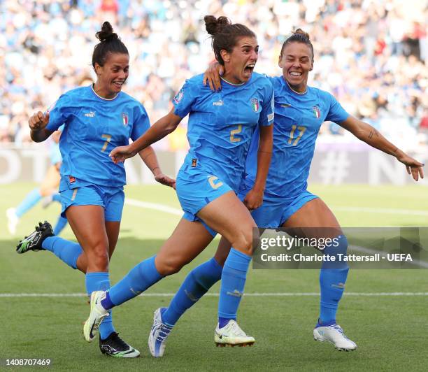 Valentina Bergamaschi celebrates with Flaminia Simonetti and Lisa Boattin of Italy after scoring their team's first goal during the UEFA Women's Euro...