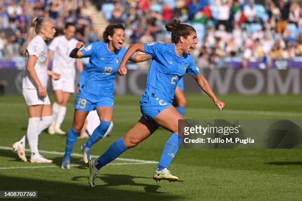 Valentina Bergamaschi celebrates with Valentina Giacinti of Italy after scoring their team's first goal during the UEFA Women's Euro 2022 group D...