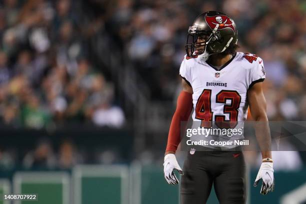 Ross Cockrell of the Tampa Bay Buccaneers gets set during a NFL game against the Philadelphia Eagles at Lincoln Financial Field on October 14, 2021...