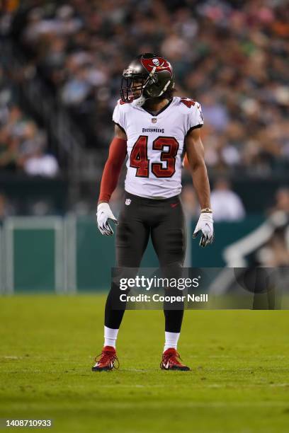 Ross Cockrell of the Tampa Bay Buccaneers gets set during a NFL game against the Philadelphia Eagles at Lincoln Financial Field on October 14, 2021...