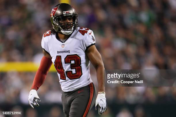 Ross Cockrell of the Tampa Bay Buccaneers gets set during a NFL game against the Philadelphia Eagles at Lincoln Financial Field on October 14, 2021...