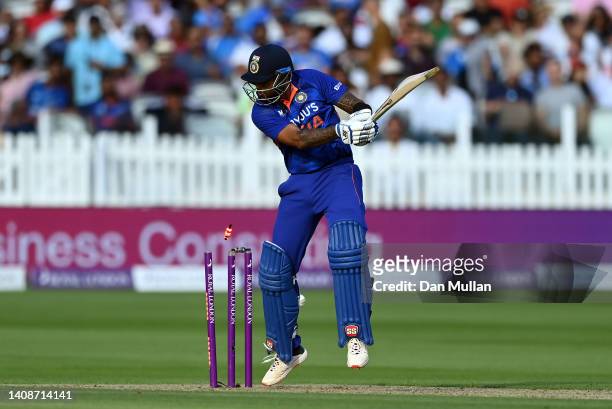 Suryakumar Yadav of India is bowled by Reece Topley of England during the 2nd Royal London Series One Day International between England and India at...