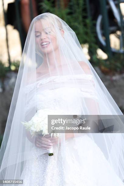 Frida Aasen is seen arriving at Divo Martino church on July 14, 2022 in Portofino, Italy.