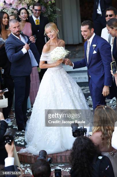 Tommy Chiabra And Frida Aasen are seen during their wedding on July 14, 2022 in Portofino, Italy.