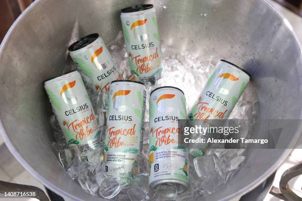 Celsius beverage on display during CLD Miami Swim Week Gifting Experience at Strawberry Moon at Goodtime Hotel on July 14, 2022 in Miami Beach,...