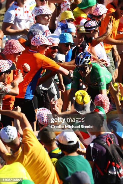 Detailed view of Wout Van Aert of Belgium and Team Jumbo - Visma Green Points Jersey passing through The Dutch corner climbing to the L'Alpe d'Huez...