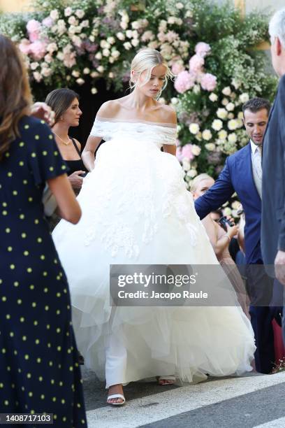 Tommy Chiabra And Frida Aasen are seen durinng their wedding on July 14, 2022 in Portofino, Italy.