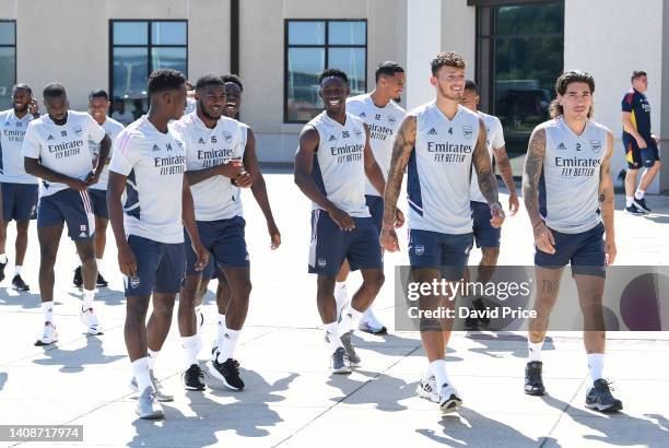 Eddie Nketiah, Ainsley Maitland-Niles, Bukayo Saka, Flo Balogun, Ben White and Hector Bellerin of Arsenal during the Arsenal training session on July...