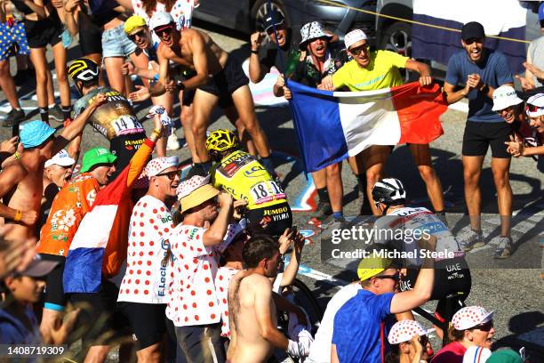 Sepp Kuss of United States, Jonas Vingegaard Rasmussen of Denmark and Team Jumbo - Visma - Yellow Leader Jersey and Tadej Pogacar of Slovenia and UAE...