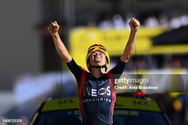 Thomas Pidcock of United Kingdom and Team INEOS Grenadiers celebrates winning during the 109th Tour de France 2022, Stage 12 a 165,1km stage from...