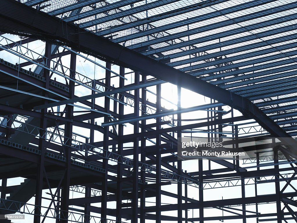 Low angle view of steel construction frame on building site