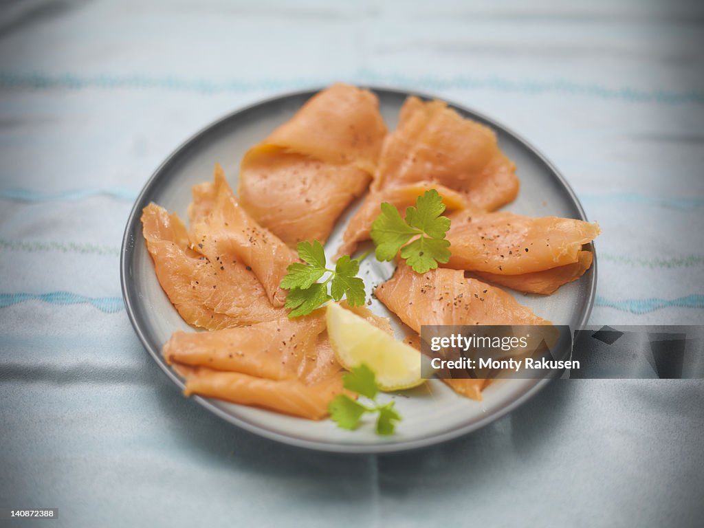 Plate of hand reared Scottish smoked salmon