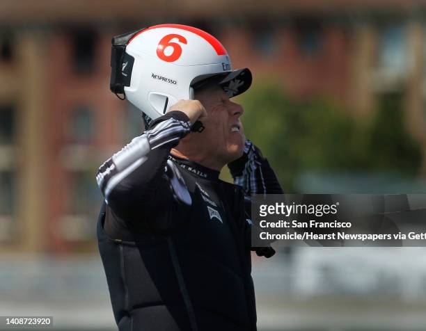 Emirates Team New Zealand managing director Graham Dalton adjusts his helmet for a training session in San Francisco, Calif. On Tuesday, July 2,...